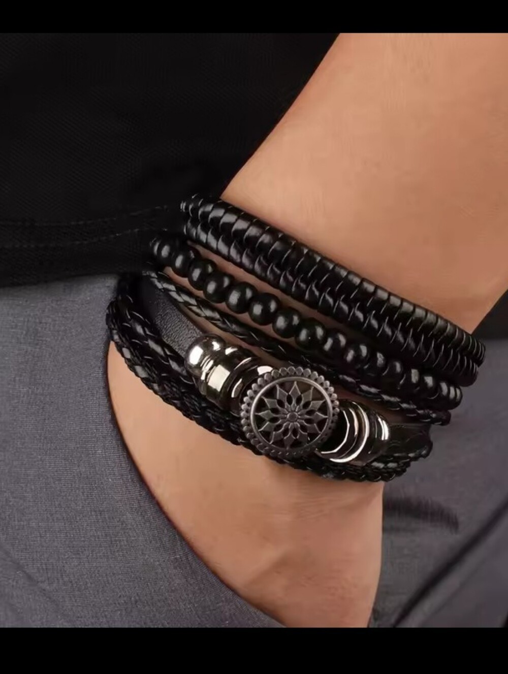 Men's Bracelets Set Leather Beaded Layered Black New‎ G18